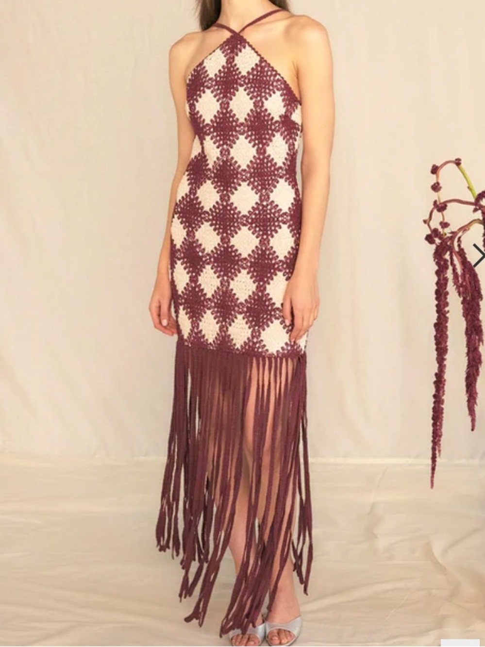 NWT - SAYLOR Burgundy and Cream Cotton Crochet Boho Halter Fringe Dress